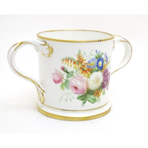 93 - A 19thC loving cup with hand painted floral display to one side and gilt inscription 'Thomas Blackwe... 