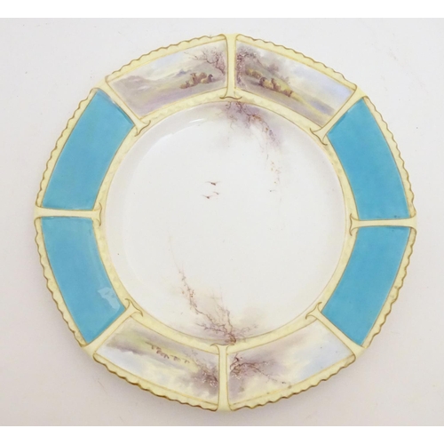 96 - A Royal China Works Worcester octagonal plate with a turquoise border with hand painted landscape sc... 