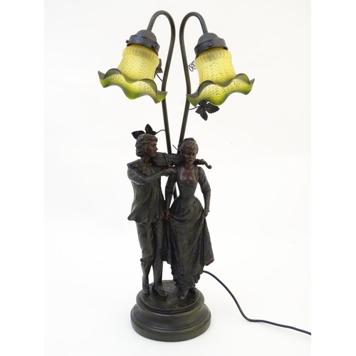 1518 - A late 20thC / 21stC table lamp with figural decoration and twin branches wit green glass shade Appr... 