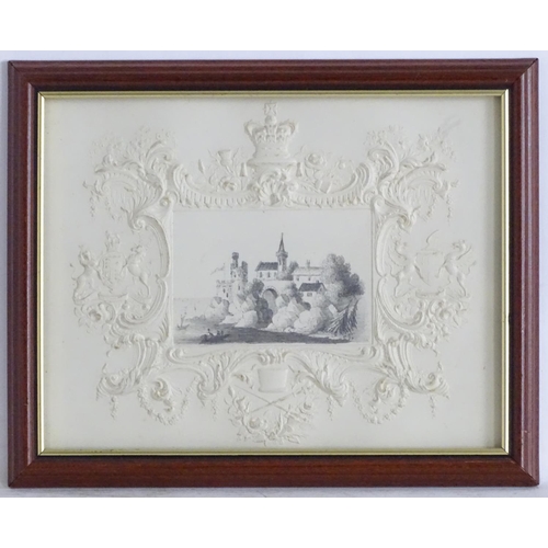 1714 - Manner of E J G, XIX, English School, Pencil drawing, Dartmouth Castle, with ornate embossed paper b... 