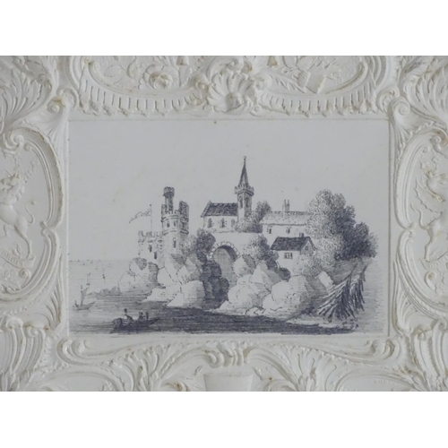 1714 - Manner of E J G, XIX, English School, Pencil drawing, Dartmouth Castle, with ornate embossed paper b... 