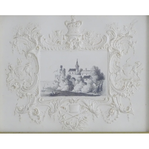 1714 - Manner of E J G, XIX, English School, Pencil drawing, Dartmouth Castle, with ornate embossed paper b... 