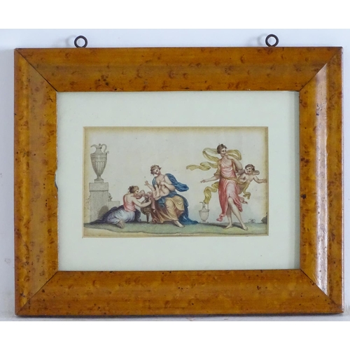 1717 - XIX, Coloured stipple engraving in a maple frame, Women / muses with putti in a classical landscape ... 