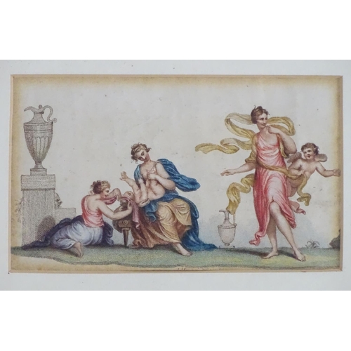 1717 - XIX, Coloured stipple engraving in a maple frame, Women / muses with putti in a classical landscape ... 