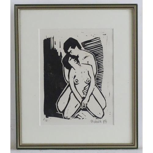 1728 - Indistinctly signed, XX, Expressionist, Limited edition monochrome woodcut, no. 2/6, A nude couple. ... 