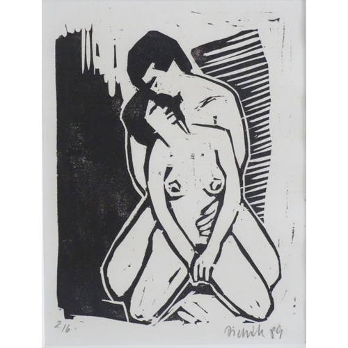 1728 - Indistinctly signed, XX, Expressionist, Limited edition monochrome woodcut, no. 2/6, A nude couple. ... 