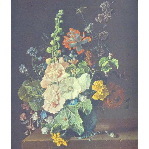 1735 - After Jan van Huysum (1682-1749), XX, Coloured print, Hollyhocks and other flowers in a vase on a le... 