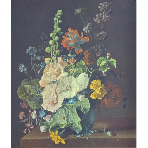 1735 - After Jan van Huysum (1682-1749), XX, Coloured print, Hollyhocks and other flowers in a vase on a le... 