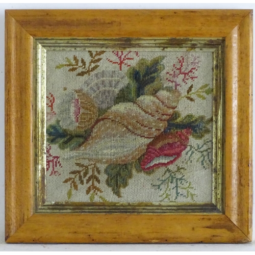 1762 - A 19thC embroidery / needlework with a still life study of shells, flowers and foliage. In a maple f... 