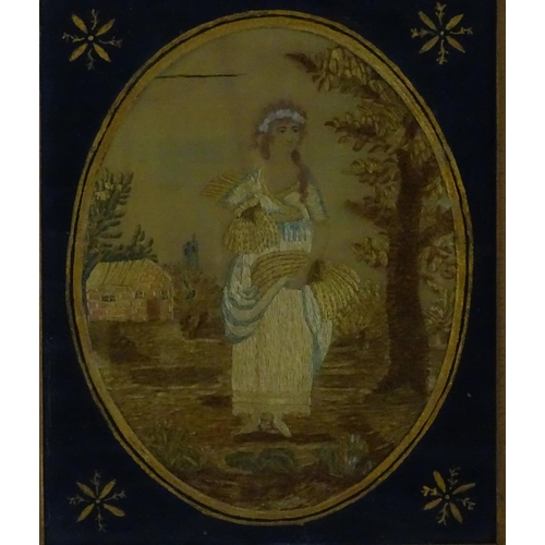 1763 - A 19thC oval silkwork, needlework and watercolour depicting a young woman in a country landscape wit... 