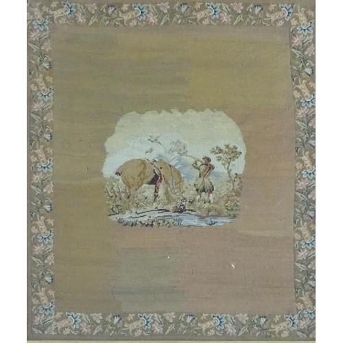 1764 - A 19thC needlework / embroidery depicting a landscape shooting scene with a man shooting pheasants a... 