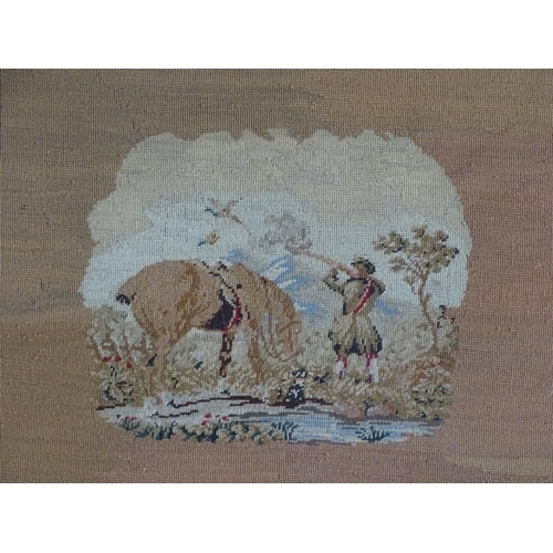 1764 - A 19thC needlework / embroidery depicting a landscape shooting scene with a man shooting pheasants a... 