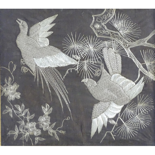 1766 - An early 20thC wirework embroidery depicting stylised birds, branches and foliage. Approx. 19 3/4