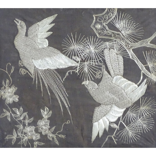 1766 - An early 20thC wirework embroidery depicting stylised birds, branches and foliage. Approx. 19 3/4