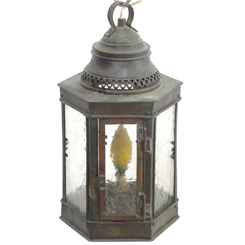 1528 - An Arts and Crafts pendant light of copper lantern form with pierced gallery with heart detail with ... 