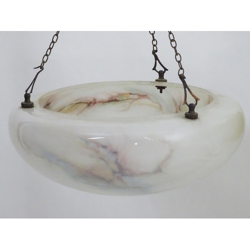 1529 - Two pedant glass shades with faux marble detail and hanging chains. The largest approx 15