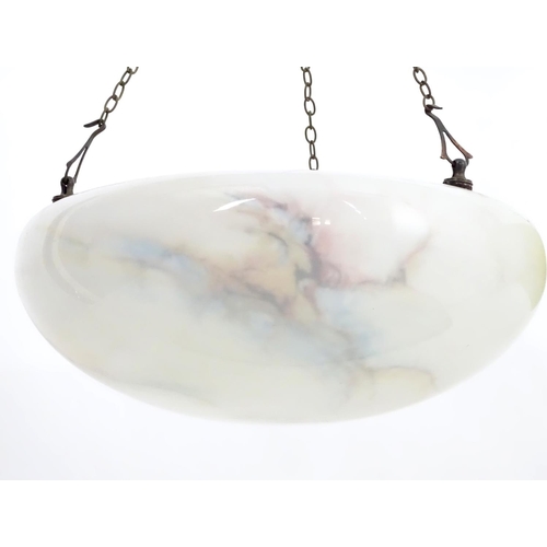 1529 - Two pedant glass shades with faux marble detail and hanging chains. The largest approx 15