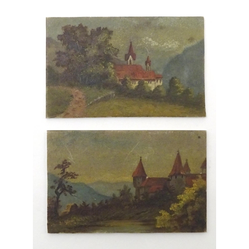 825 - A pair of 19thC Continental miniature oils on milk glass depicting alpine landscape views with castl... 