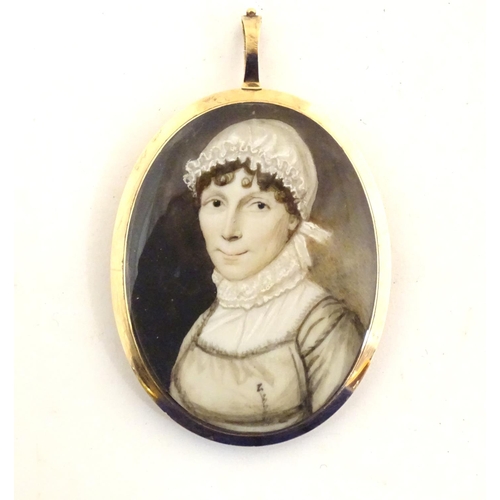 826 - A 19thC English School watercolour and bodycolour portrait miniature depicting a woman in a bonnet i... 