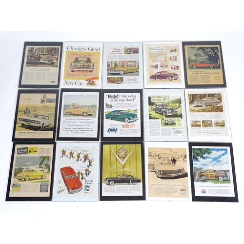 802 - A collection of framed 1950s magazine advertisements for American classic cars, including Chevrolet ... 