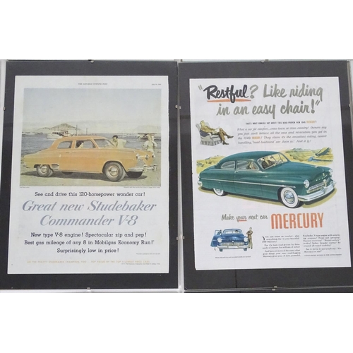 802 - A collection of framed 1950s magazine advertisements for American classic cars, including Chevrolet ... 