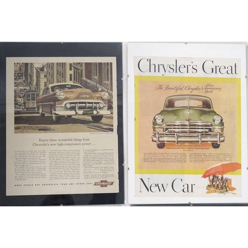 802 - A collection of framed 1950s magazine advertisements for American classic cars, including Chevrolet ... 