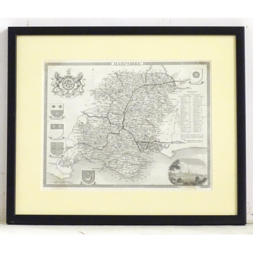 803 - A 19thC monochrome engraved county map after Thomas Moule depicting Hampshire with a vignette view o... 