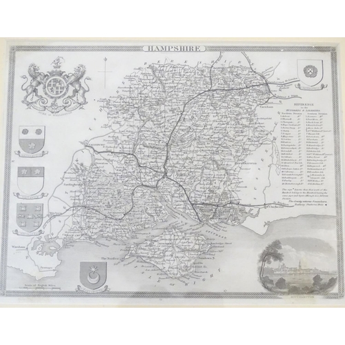 803 - A 19thC monochrome engraved county map after Thomas Moule depicting Hampshire with a vignette view o... 