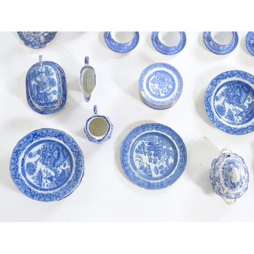 179 - A large quantity of assorted blue and white wares to include Wedgwood Willow pattern teapot, a Wedgw... 