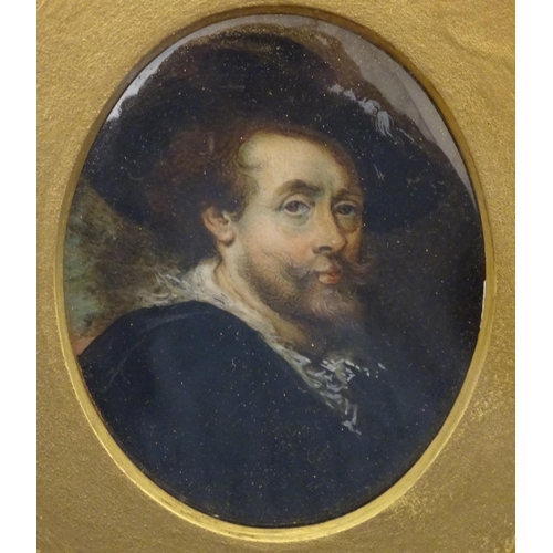 830 - A 19thC oval watercolour and bodycolour portrait miniature after Sir Peter Paul Rubens (1577-1640)'s... 