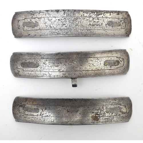 843 - A 19thC sword belt with three steel plaques mounted on leather, possibly Mongolian. Approx. 31