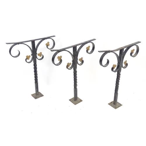 1535 - Salvage & Architectural Antiques: a trio of wrought iron railing upstands, each with black painted f... 