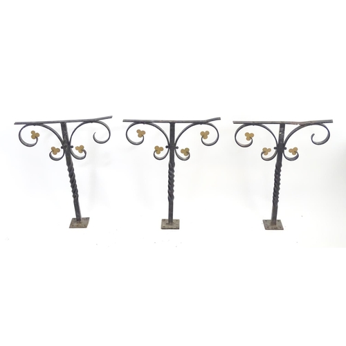 1535 - Salvage & Architectural Antiques: a trio of wrought iron railing upstands, each with black painted f... 