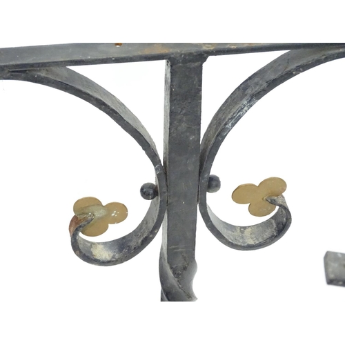 1535 - Salvage & Architectural Antiques: a trio of wrought iron railing upstands, each with black painted f... 