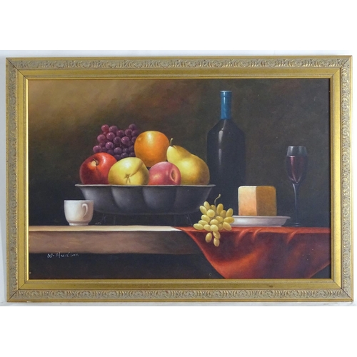 1547 - W. Hudson, XX, Oil on canvas, A still life study of fruit in a footed bowl, with a wine bottle, glas... 