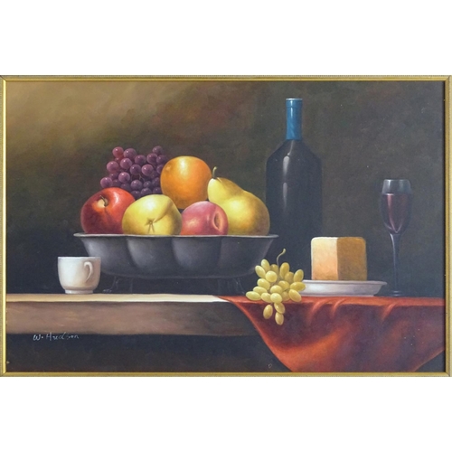 1547 - W. Hudson, XX, Oil on canvas, A still life study of fruit in a footed bowl, with a wine bottle, glas... 