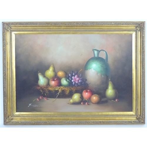 1550 - Frank Lean, XX, Oil on canvas, A still life study with fruit in a basket with a jug. Signed lower le... 