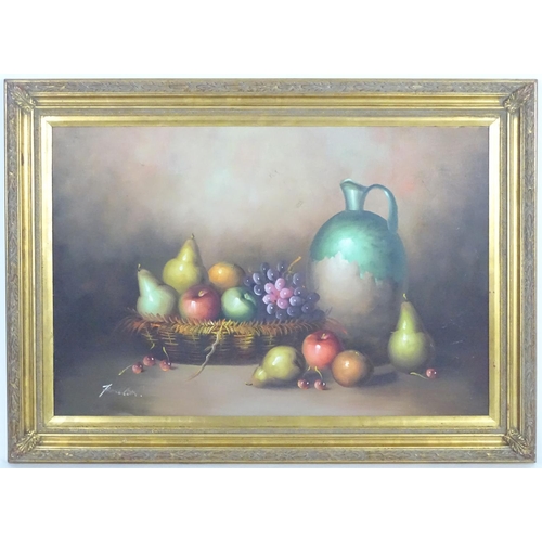 1550 - Frank Lean, XX, Oil on canvas, A still life study with fruit in a basket with a jug. Signed lower le... 