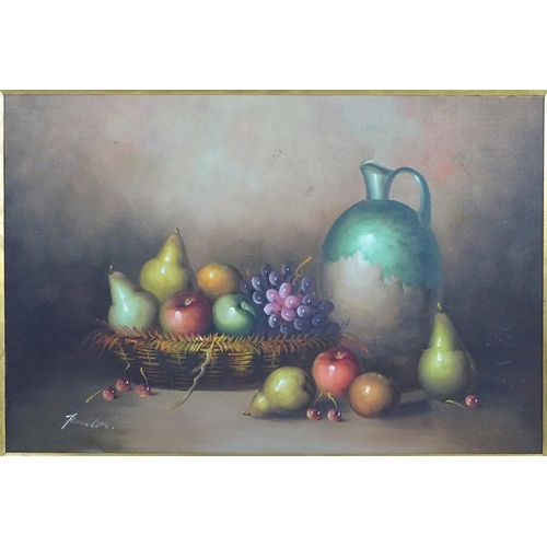 1550 - Frank Lean, XX, Oil on canvas, A still life study with fruit in a basket with a jug. Signed lower le... 