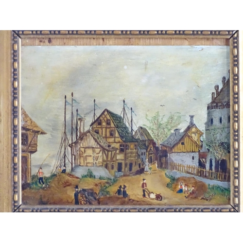 1577 - XIX-XX, Oil on board, A naive street scene with figures. Approx. 6 1/4