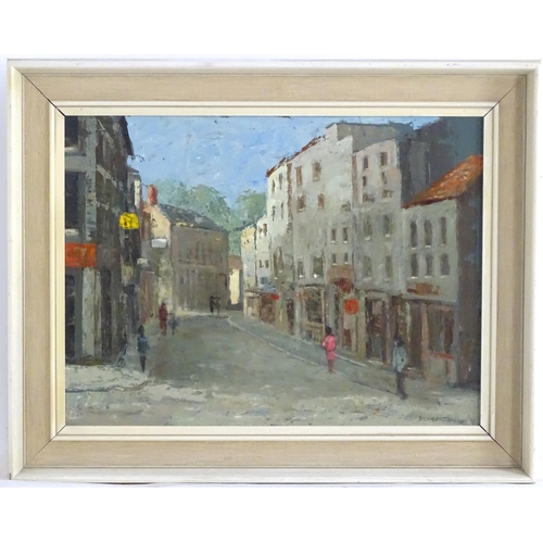 1580 - Denise Jameson, XX, Oil on board, A street scene with figures. Signed and dated (19)69 lower right. ... 