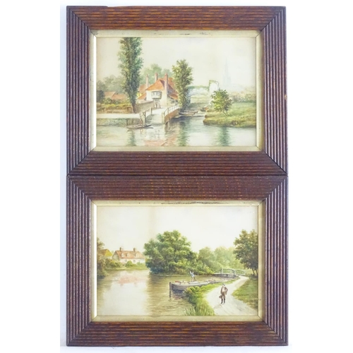 1656 - A. Mickle, XX, Watercolours, A pair of river landscape scenes with buildings, bridges, figures and b... 