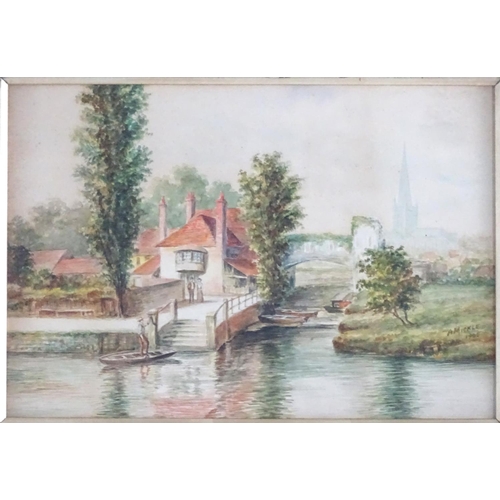 1656 - A. Mickle, XX, Watercolours, A pair of river landscape scenes with buildings, bridges, figures and b... 