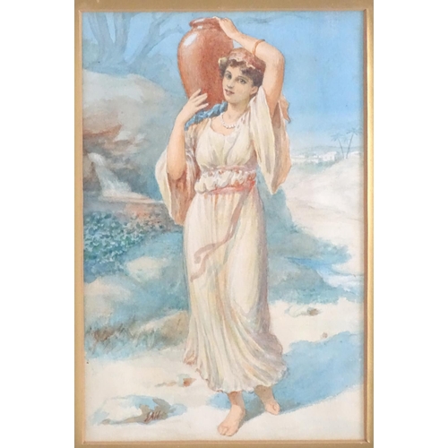 1658 - Manner of John William Godward, Initialled J A H, Watercolour, A Middle Eastern woman carrying a wat... 