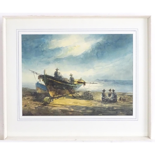 1663 - Konstantinos Sofianopoulos (1910-1990), Greek School, Watercolour, Fishermen on the beach. Signed lo... 