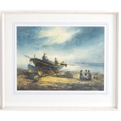 1663 - Konstantinos Sofianopoulos (1910-1990), Greek School, Watercolour, Fishermen on the beach. Signed lo... 