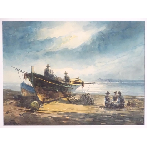 1663 - Konstantinos Sofianopoulos (1910-1990), Greek School, Watercolour, Fishermen on the beach. Signed lo... 