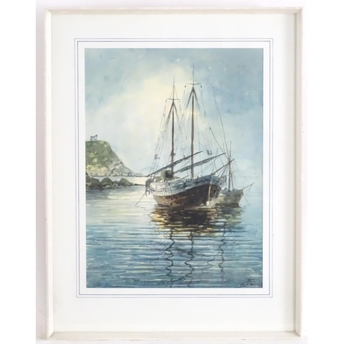 1664 - Konstantinos Sofianopoulos (1910-1990), Greek School, Watercolour, Fishing boats by a promontory wit... 