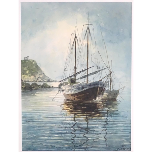 1664 - Konstantinos Sofianopoulos (1910-1990), Greek School, Watercolour, Fishing boats by a promontory wit... 