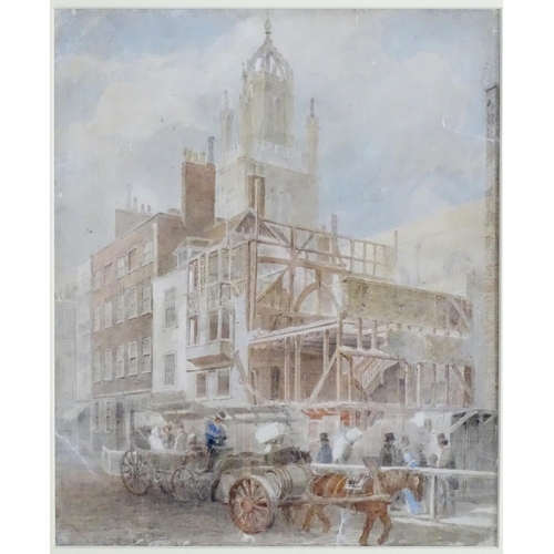 1670 - XIX-XX, Watercolour, A Victorian street scene with buildings, figures, horse and carts, etc. Approx.... 